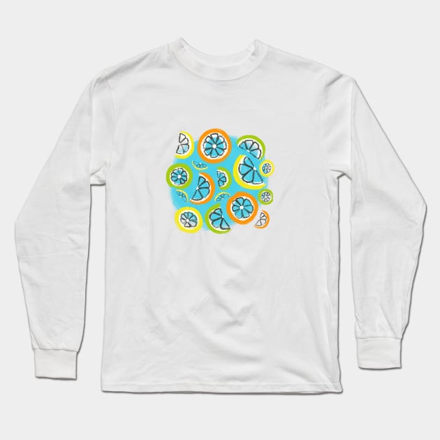 Refreshing orange, lemon, and lime slices on a sky blue painted circle Long Sleeve T-Shirt by HeartLiftingArt